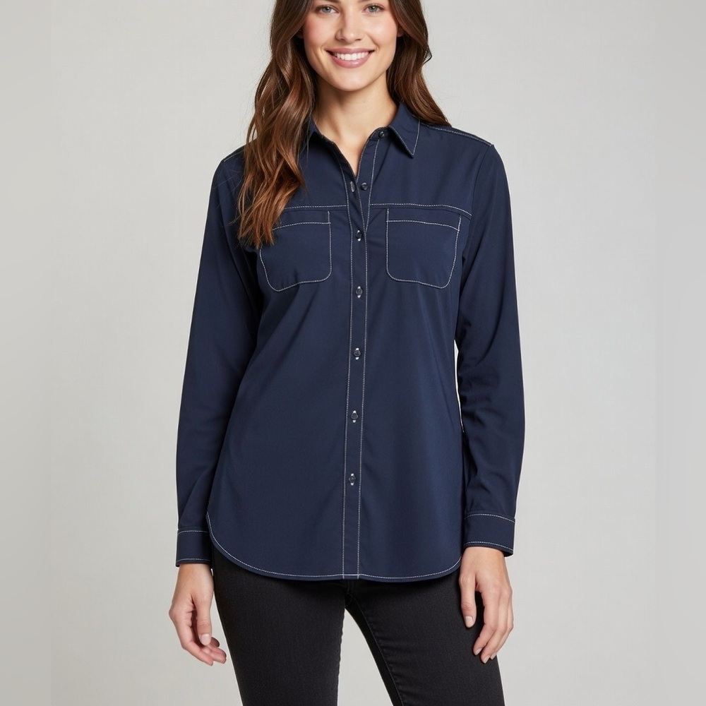Lyssé Schiffer Button Down – Navy with White Stitching – Size Small